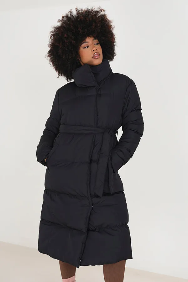 BELTED MAXI LENGTH PUFFER JACKET