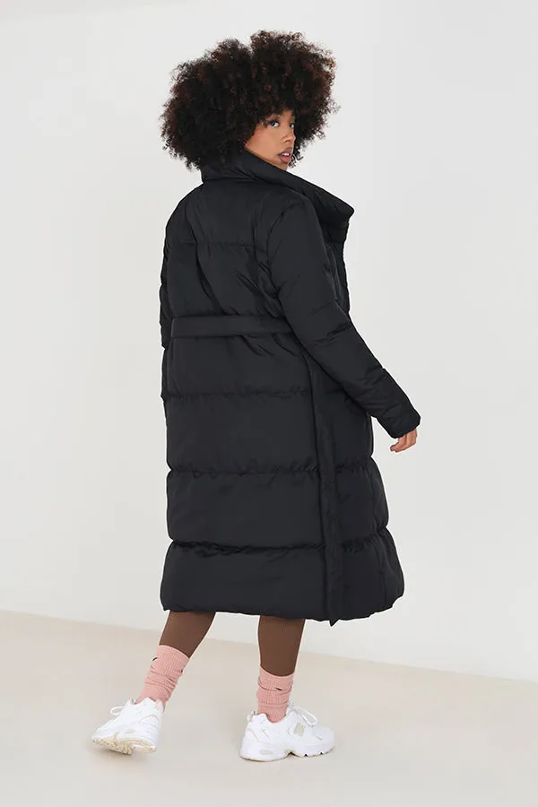 BELTED MAXI LENGTH PUFFER JACKET