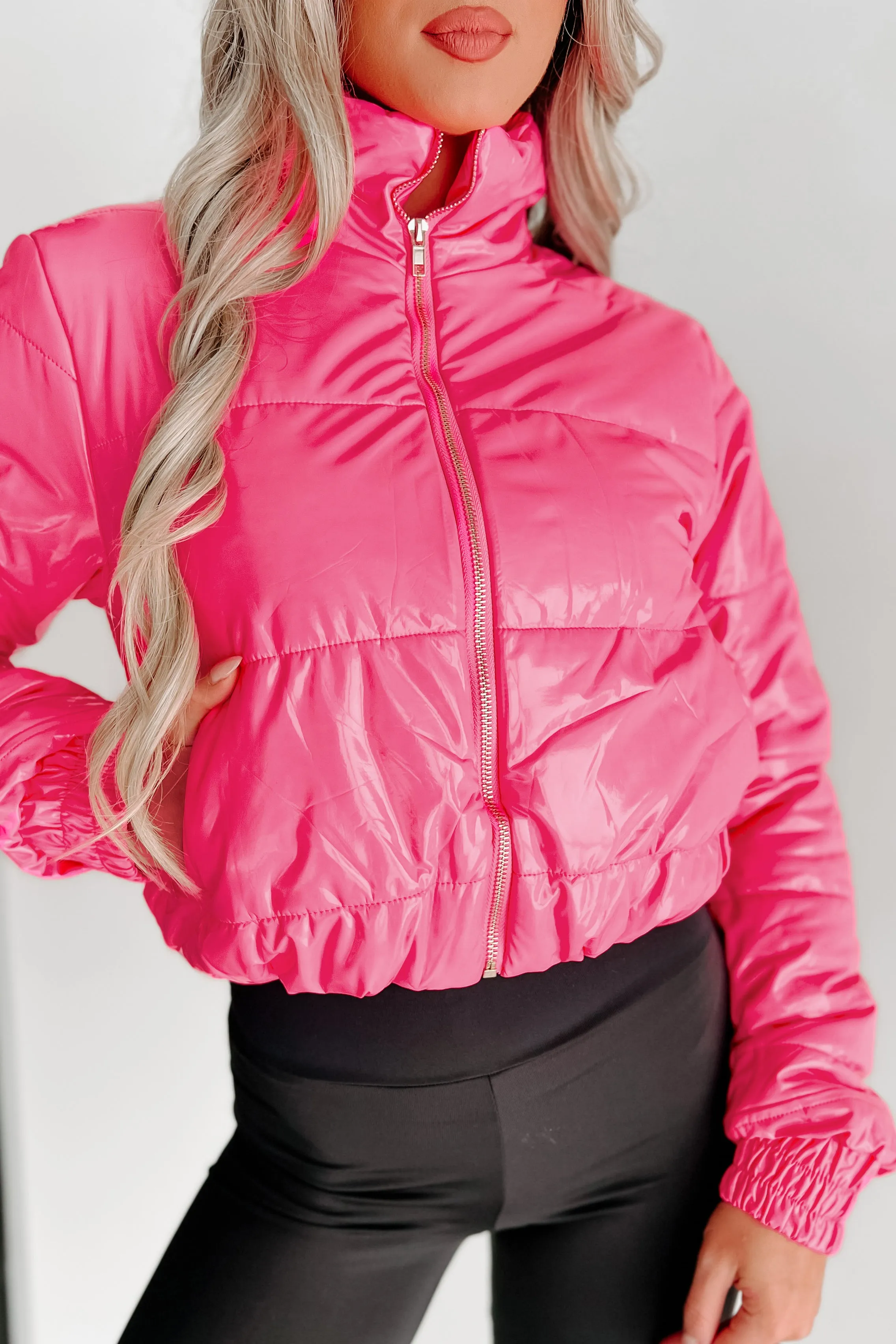 Big City Streets Patent Leather Puffer Jacket (Hot Pink)