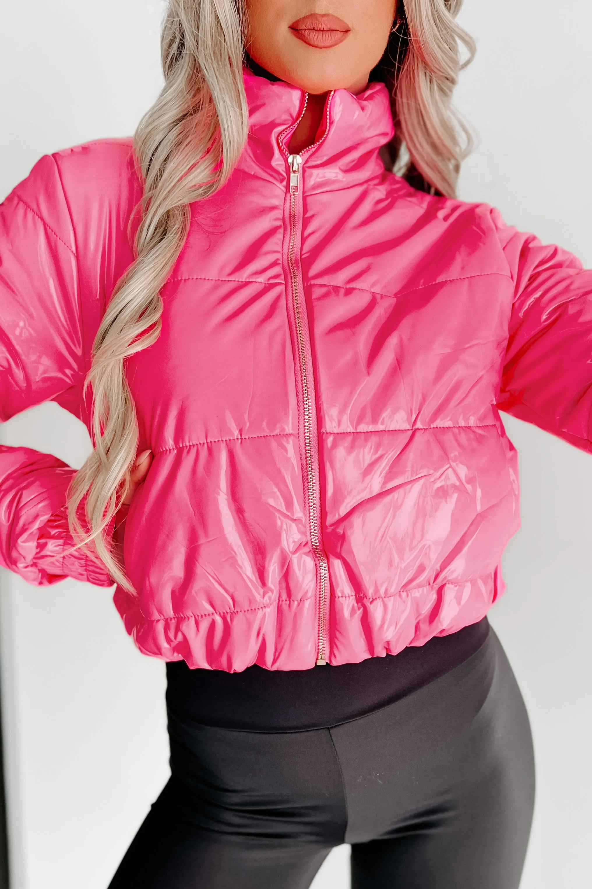 Big City Streets Patent Leather Puffer Jacket (Hot Pink)