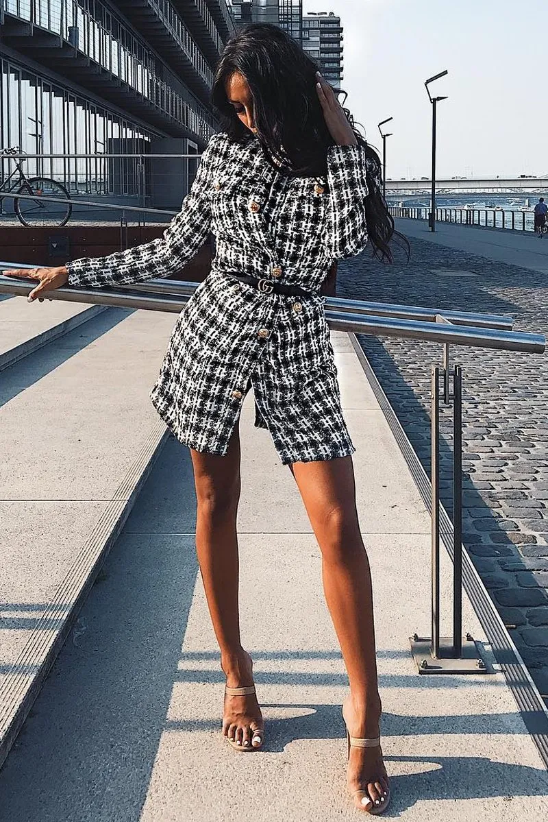 Black And White Tweed Gold Button Longline Jacket - Madalynn
