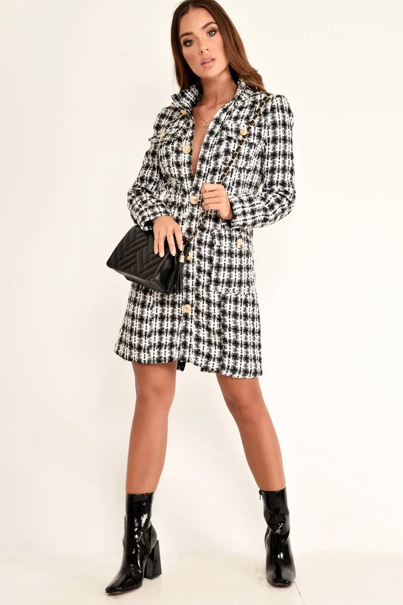 Black And White Tweed Gold Button Longline Jacket - Madalynn