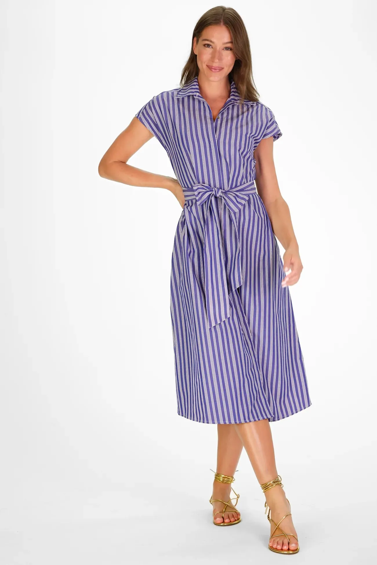 BUTTON DOWN DRESS WITH QUAD STRIPE