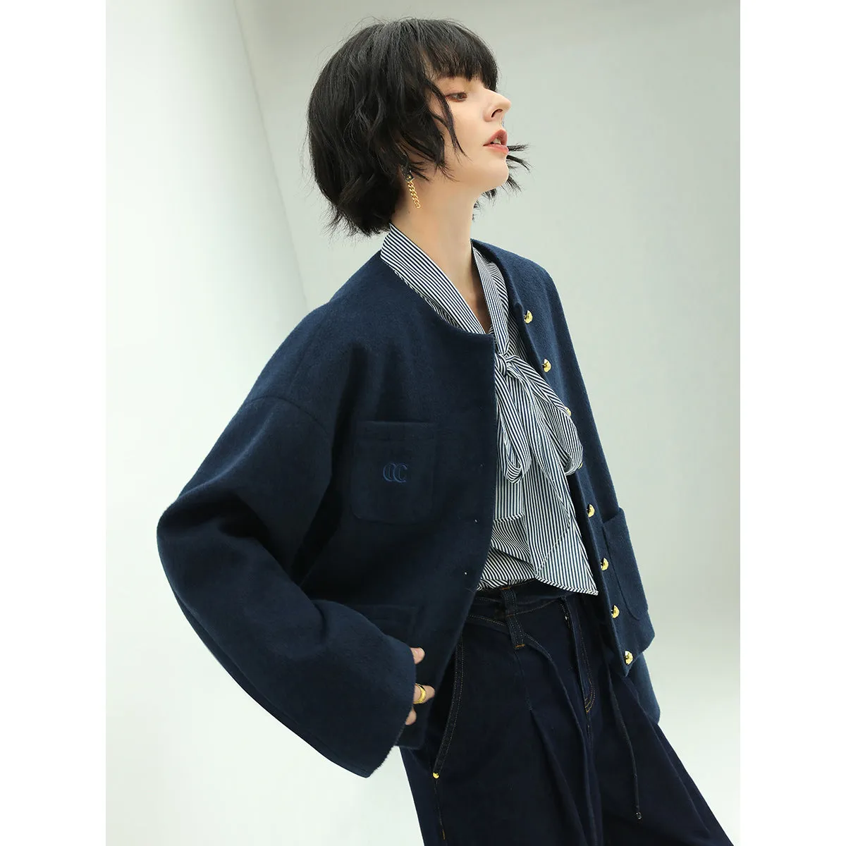 Classic Collarless Navy Woolen Jacket