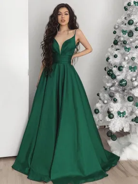 Custom Made A Line V Neck Emerald Green Long Prom, Green V Neck Long Formal Evening
