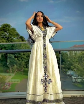 Embrace the Azure Elegance of Habesha Kemis Royal Blue Tilet Cultural Ethiopian Dress