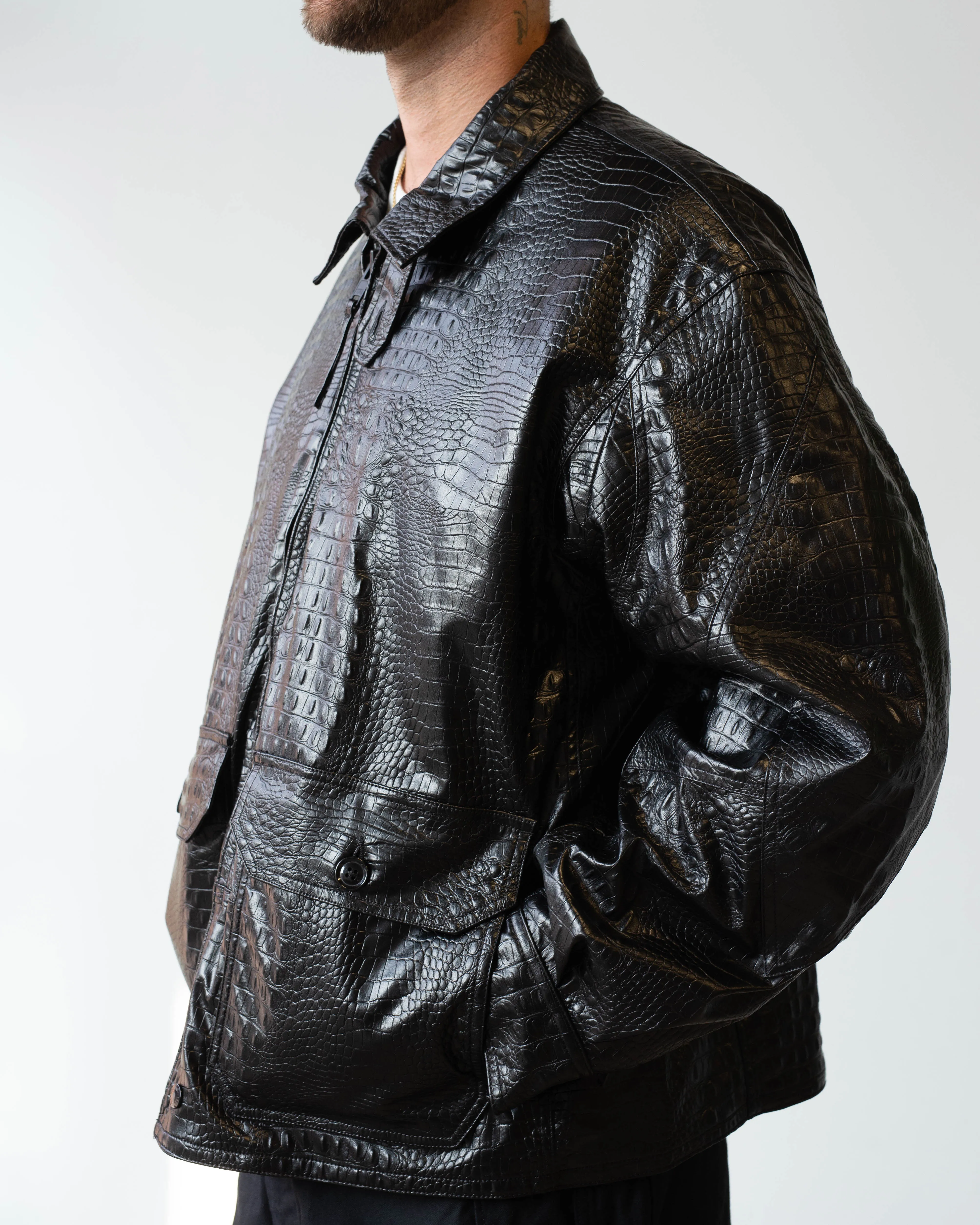 Engineered Garments G8 Jacket Black Alligator Embossed Fake Leather