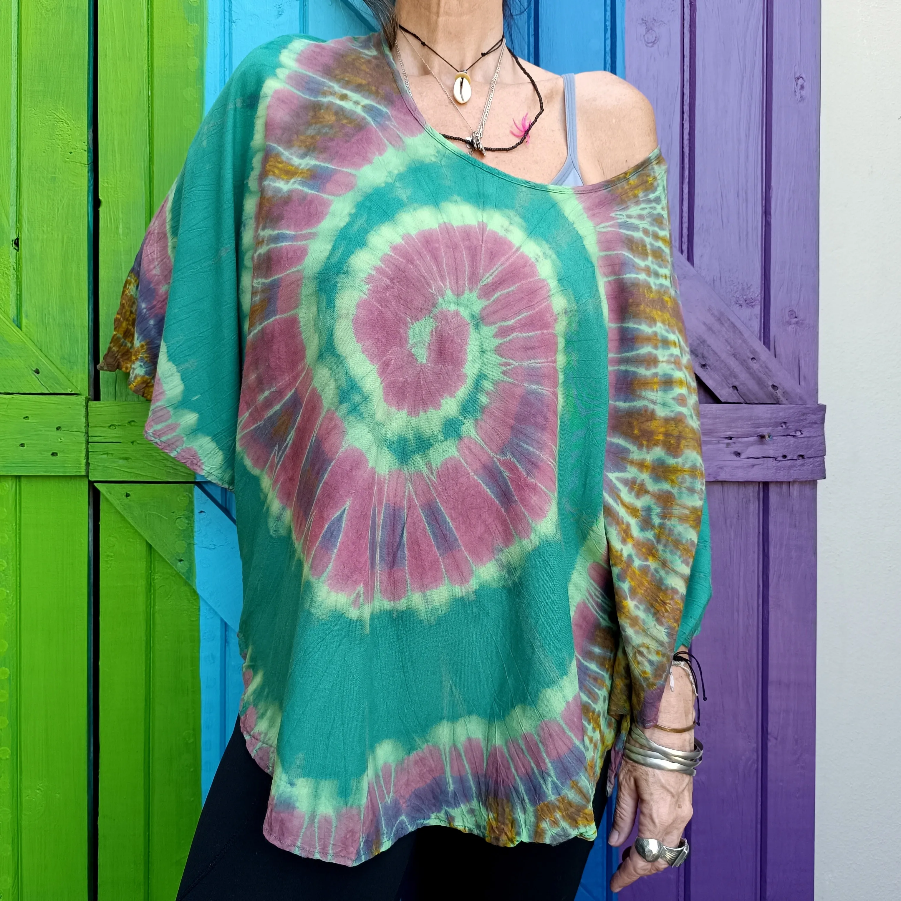Flared Tie Dye Butterfly Sleeve Top Rayon