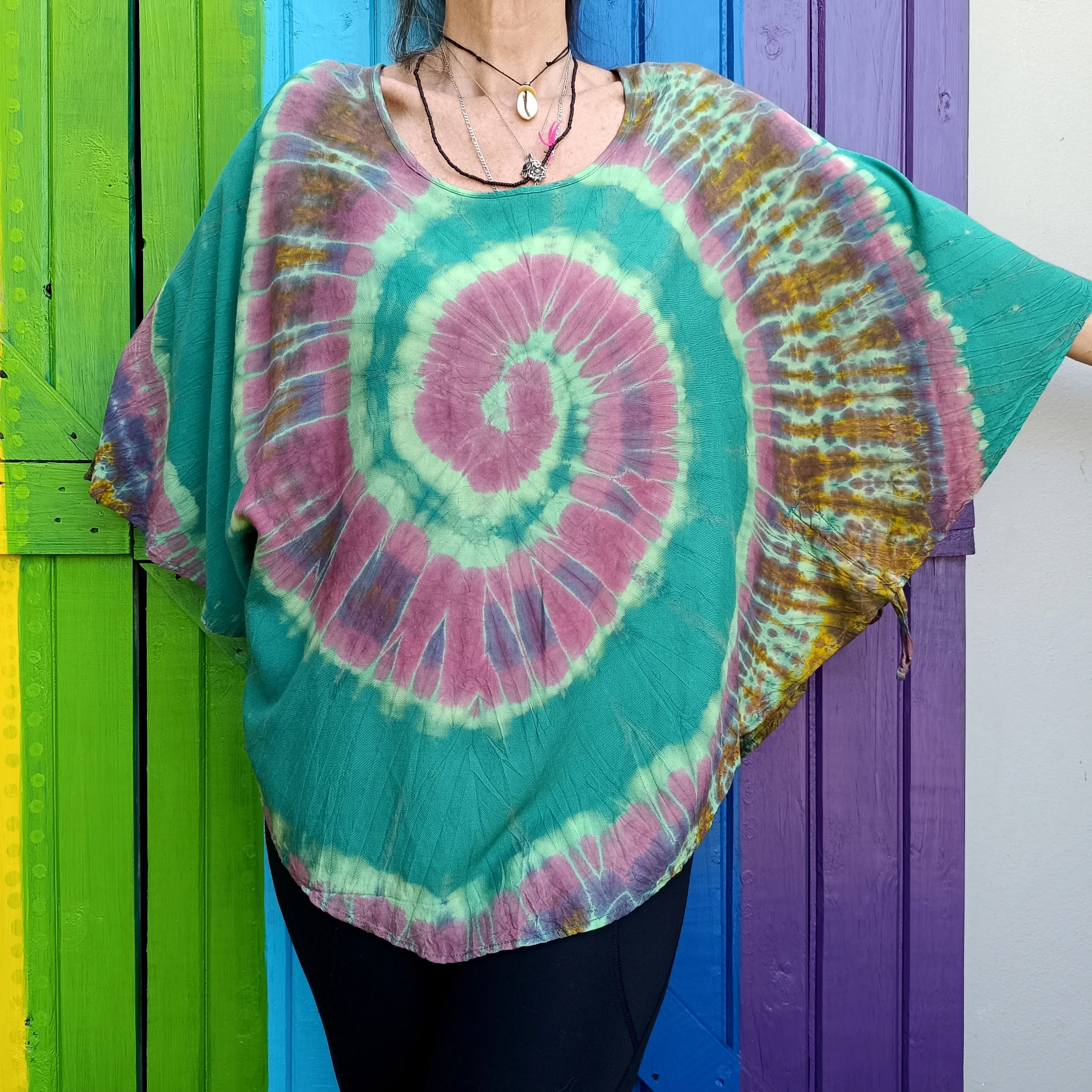 Flared Tie Dye Butterfly Sleeve Top Rayon