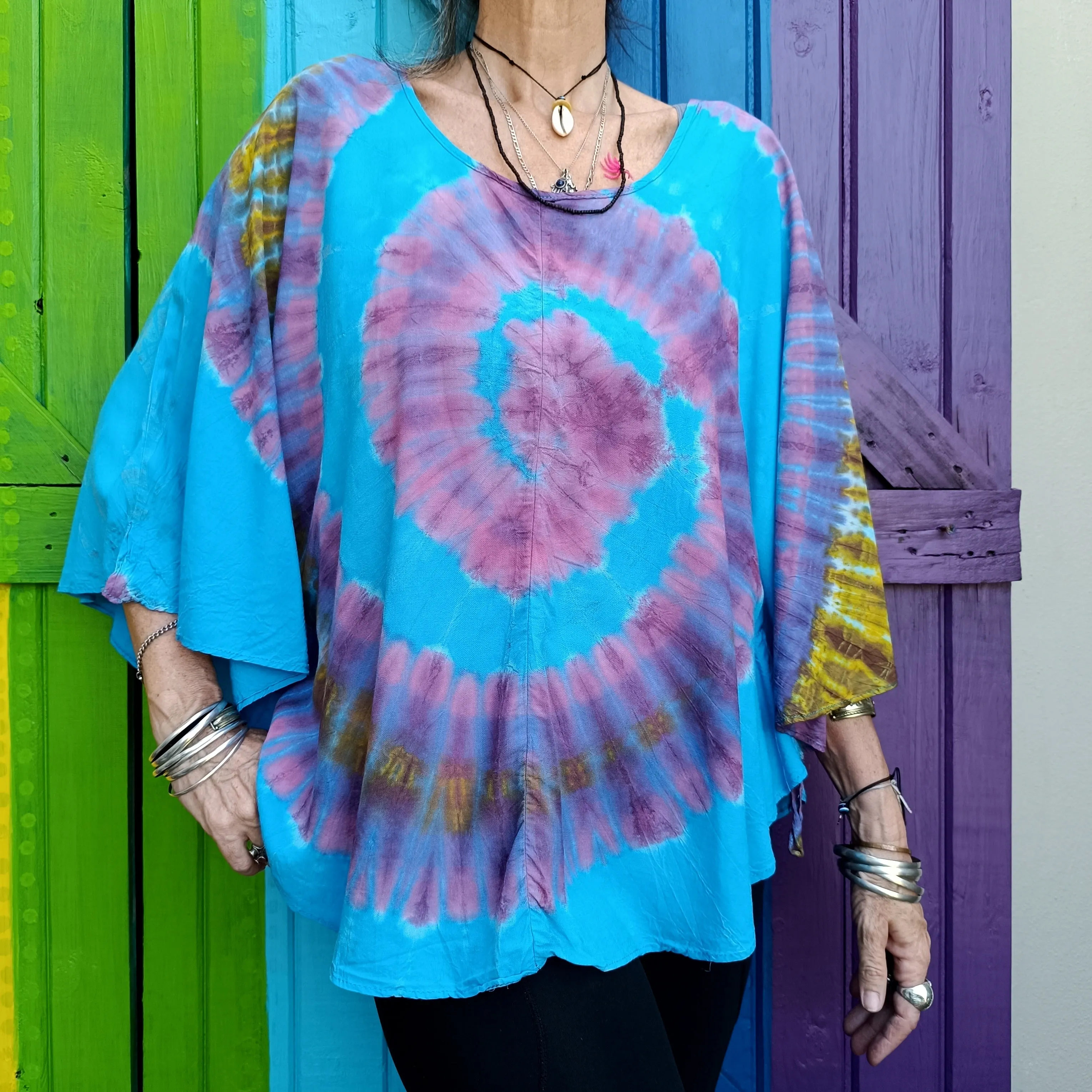 Flared Tie Dye Butterfly Sleeve Top Rayon