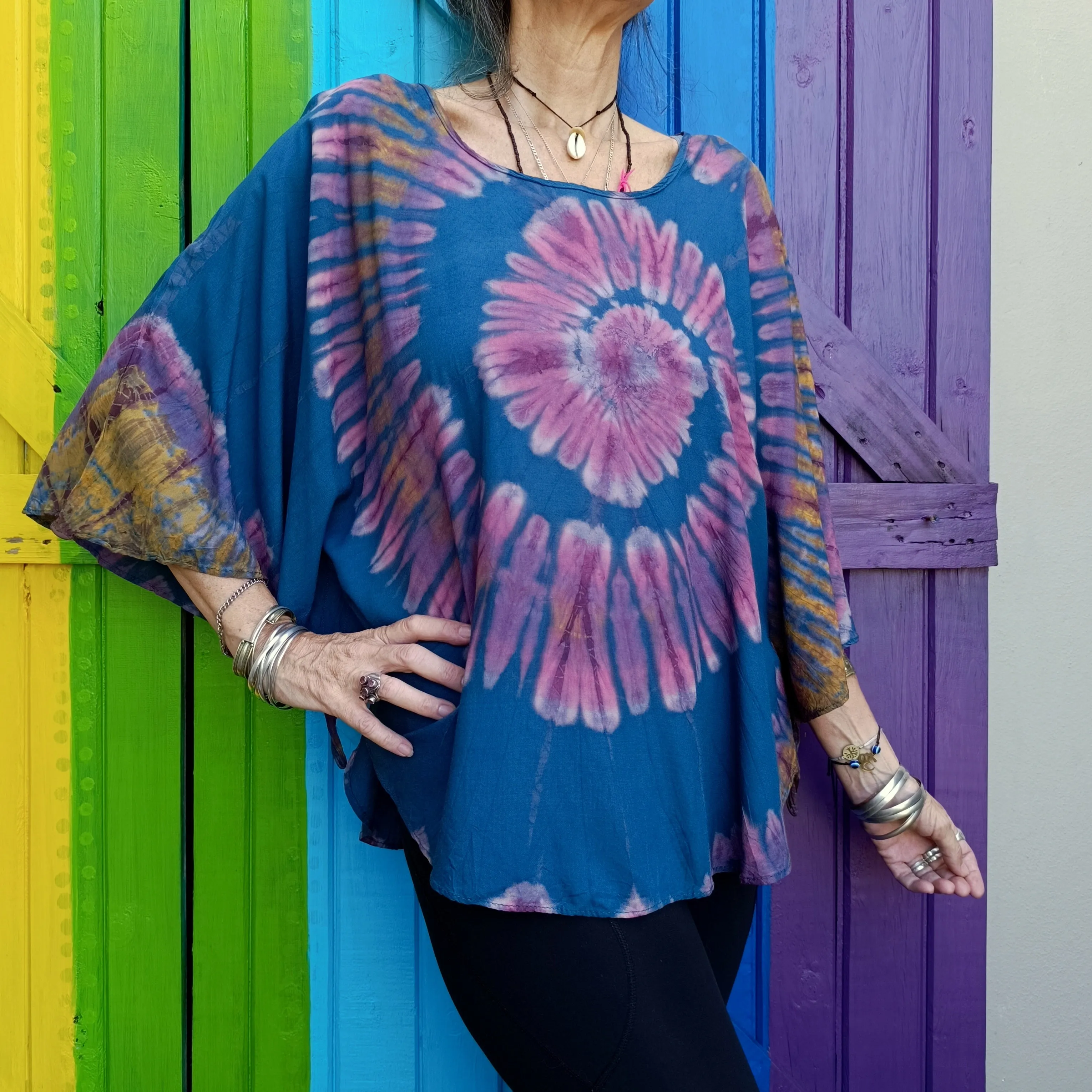 Flared Tie Dye Butterfly Sleeve Top Rayon
