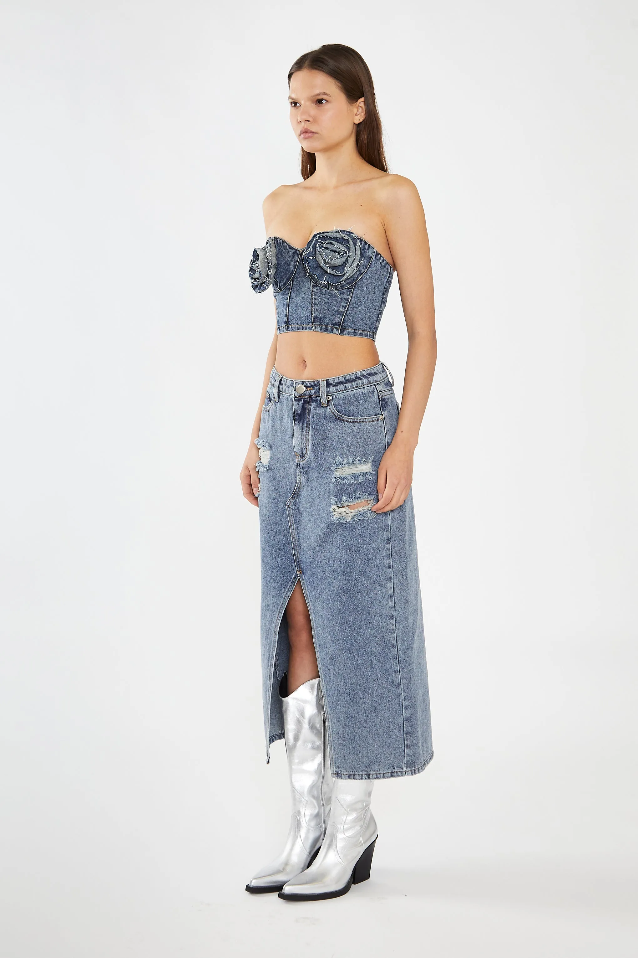 Heavy-Vintage Wash Front-Split Distressed Denim Midi-Skirt