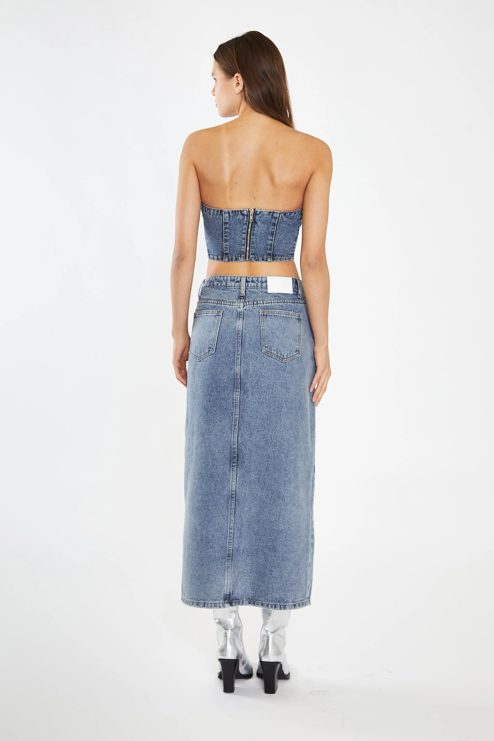 Heavy-Vintage Wash Front-Split Distressed Denim Midi-Skirt