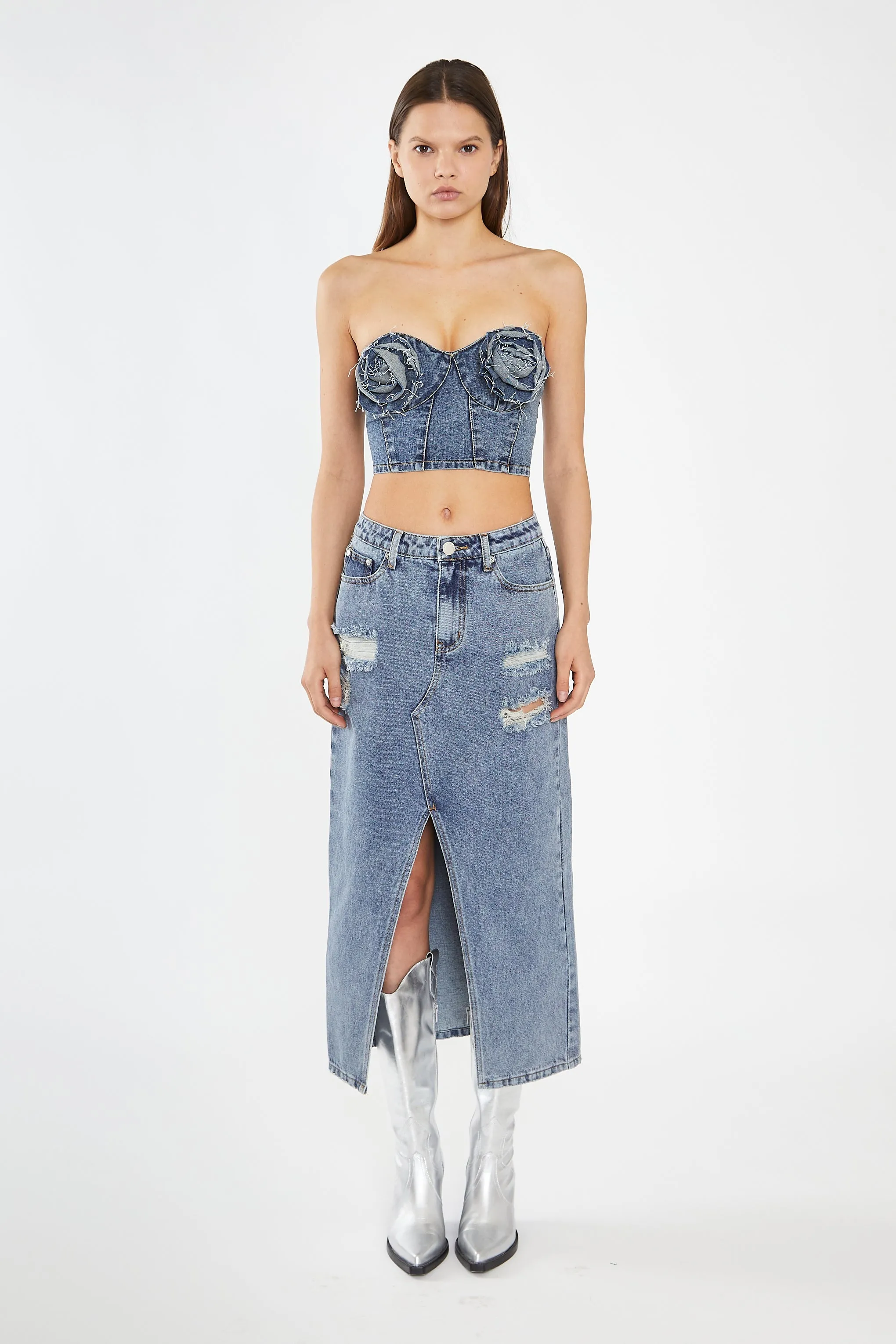Heavy-Vintage Wash Front-Split Distressed Denim Midi-Skirt