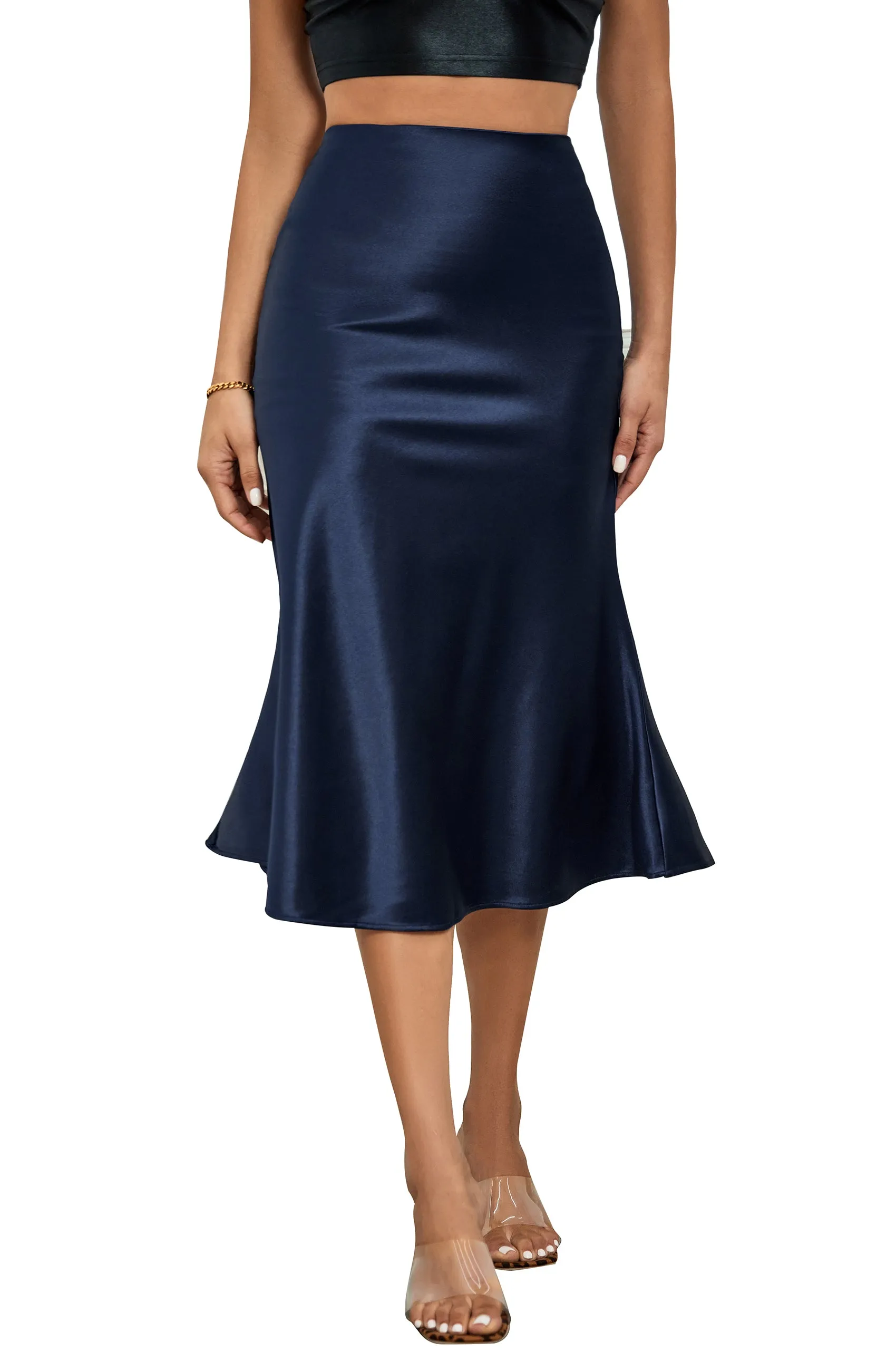 High Waist Silky Satin Fishtail Midi Skirt Navy