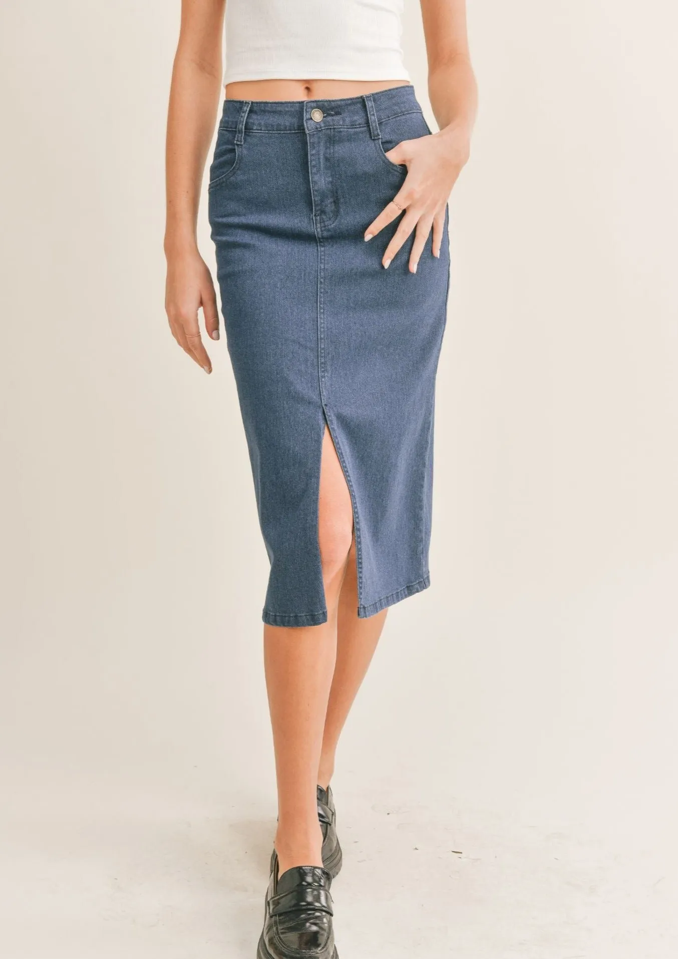 Jessica Denim Midi Skirt, Washed Indigo