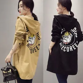 Korean Casual Print Loose Trench Coat Hooded Jacket
