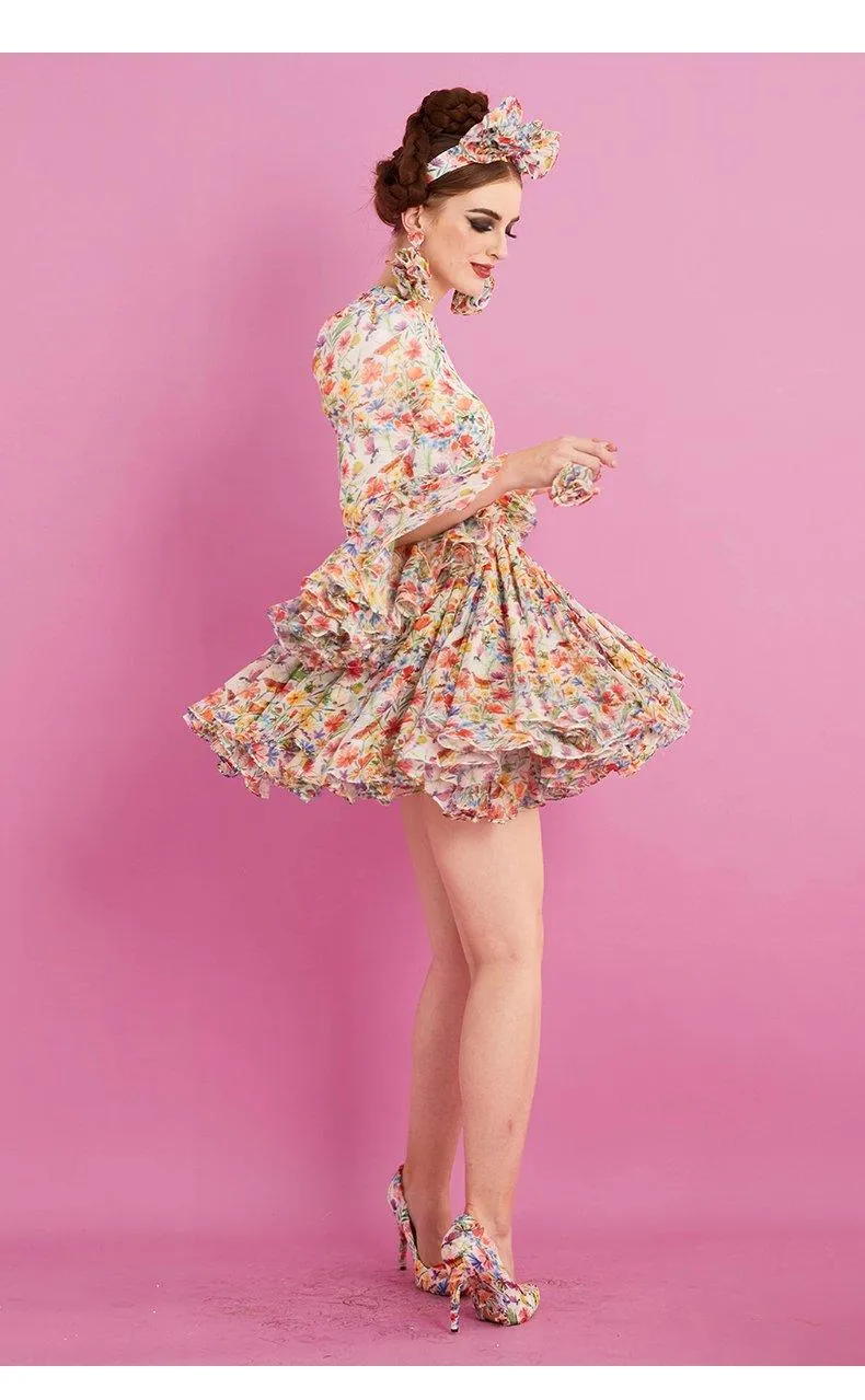 Long sleeve pleaded mini elegant cocktail floral dress- Fiona