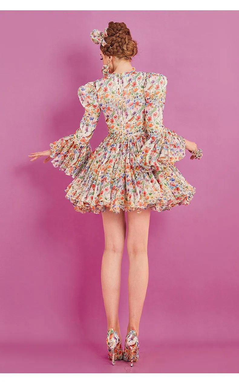 Long sleeve pleaded mini elegant cocktail floral dress- Fiona