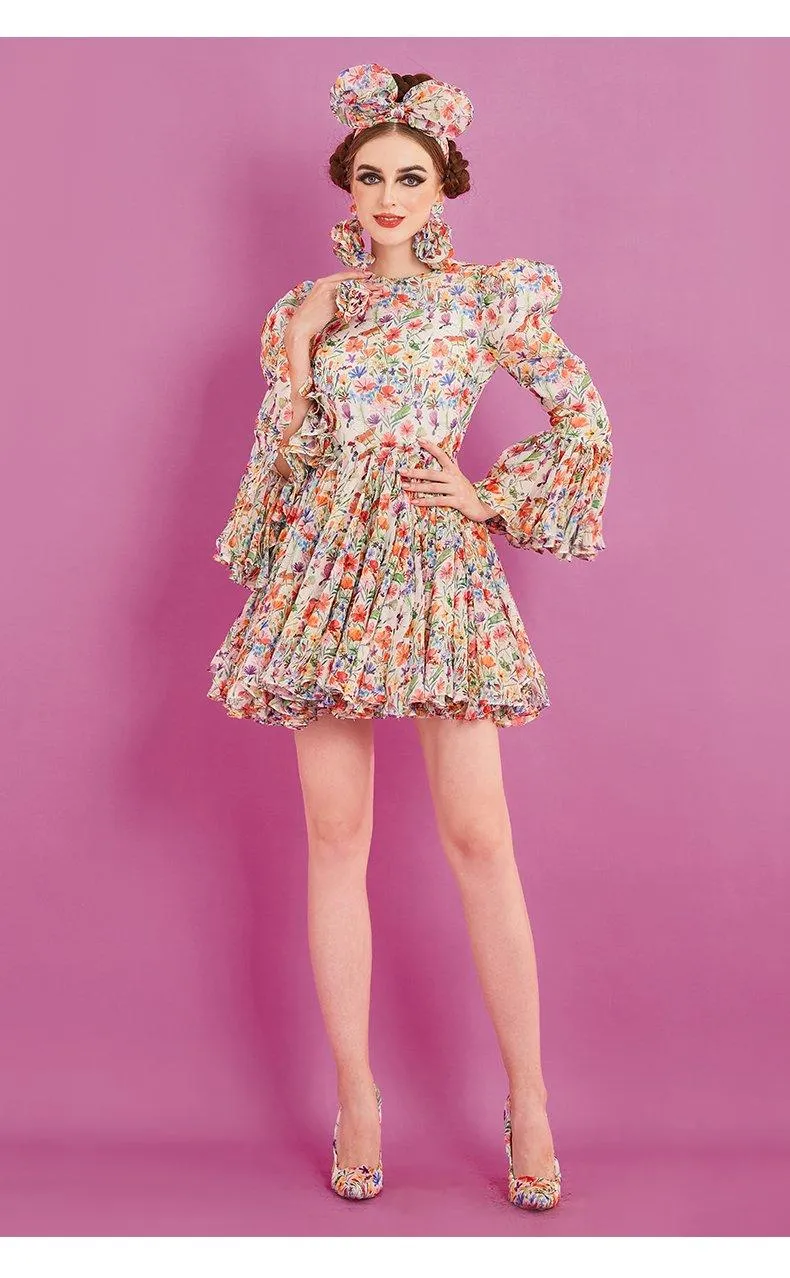 Long sleeve pleaded mini elegant cocktail floral dress- Fiona
