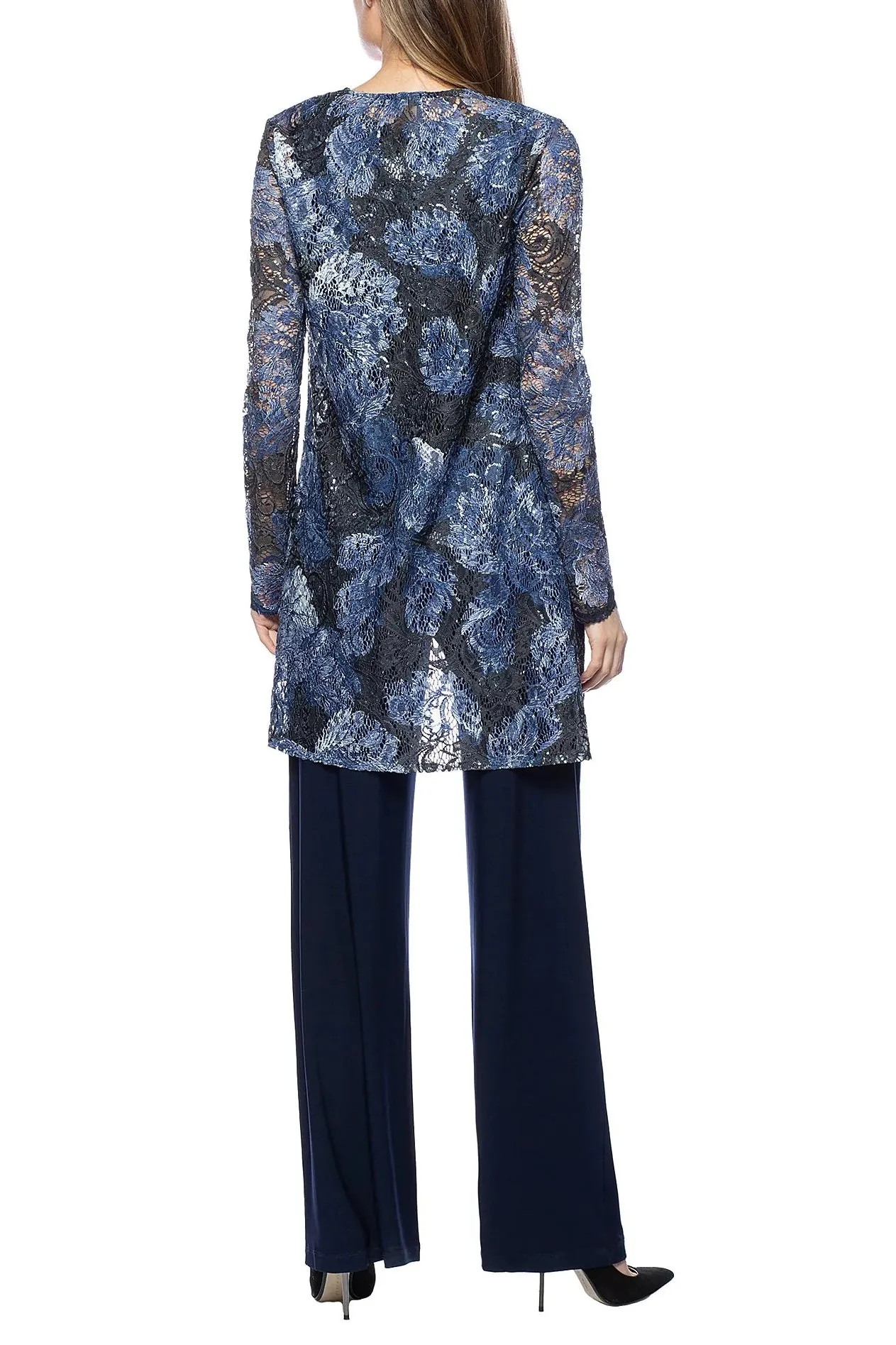 Marina Scoop Neck Sleeve Lace Top, Pull on Straight Hemline ITY Pant with Lace Open Front Long Sleeve Jacket 3 Piece Set