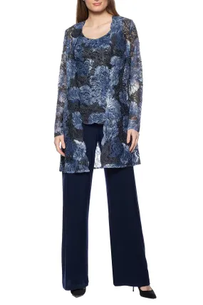 Marina Scoop Neck Sleeve Lace Top, Pull on Straight Hemline ITY Pant with Lace Open Front Long Sleeve Jacket 3 Piece Set