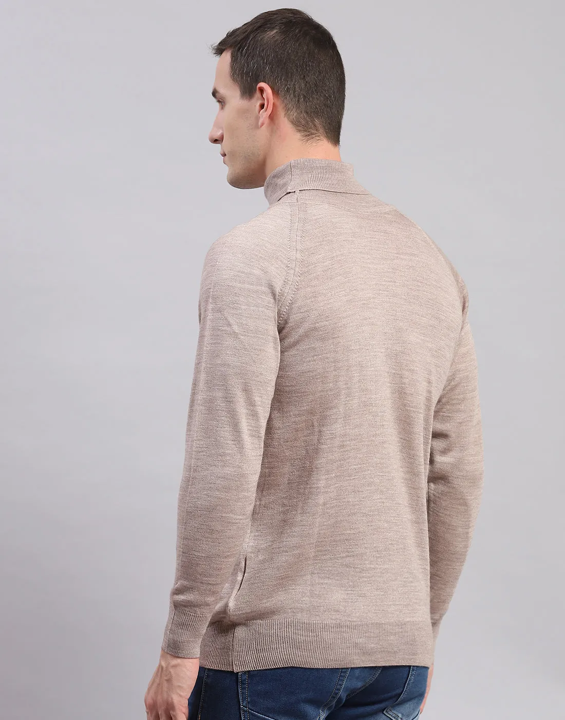 Men Beige Solid H Neck Full Sleeve Sweaters/Pullovers