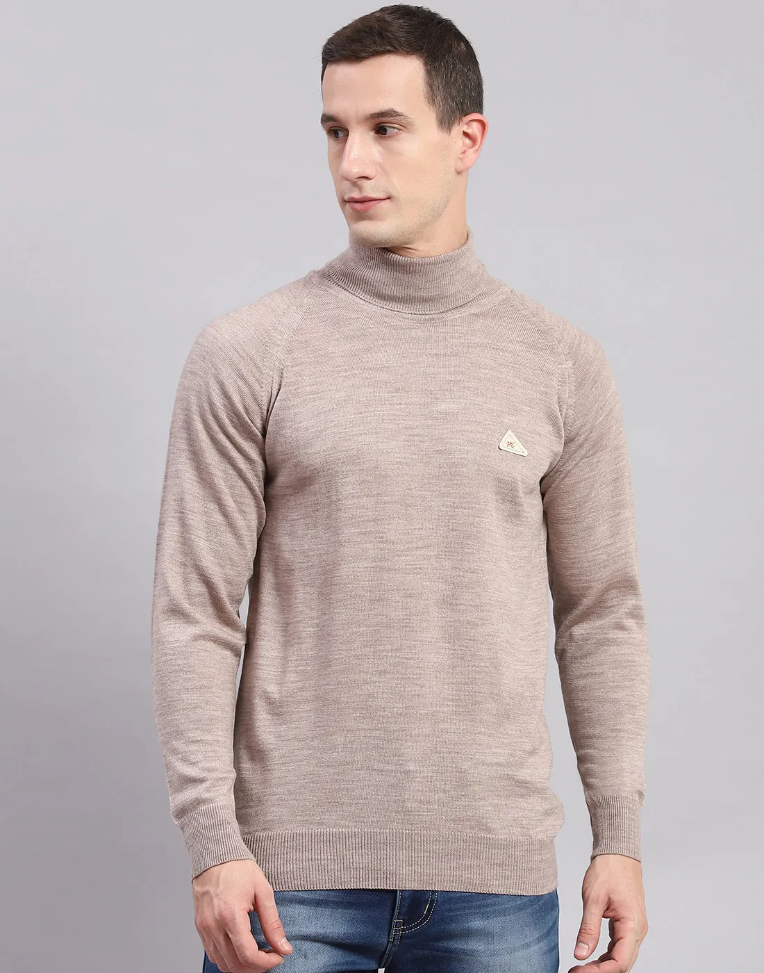 Men Beige Solid H Neck Full Sleeve Sweaters/Pullovers