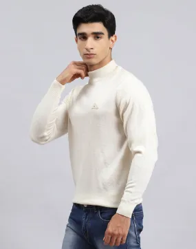 Men Cream Solid Turtle Neck Full Sleeve Pullover