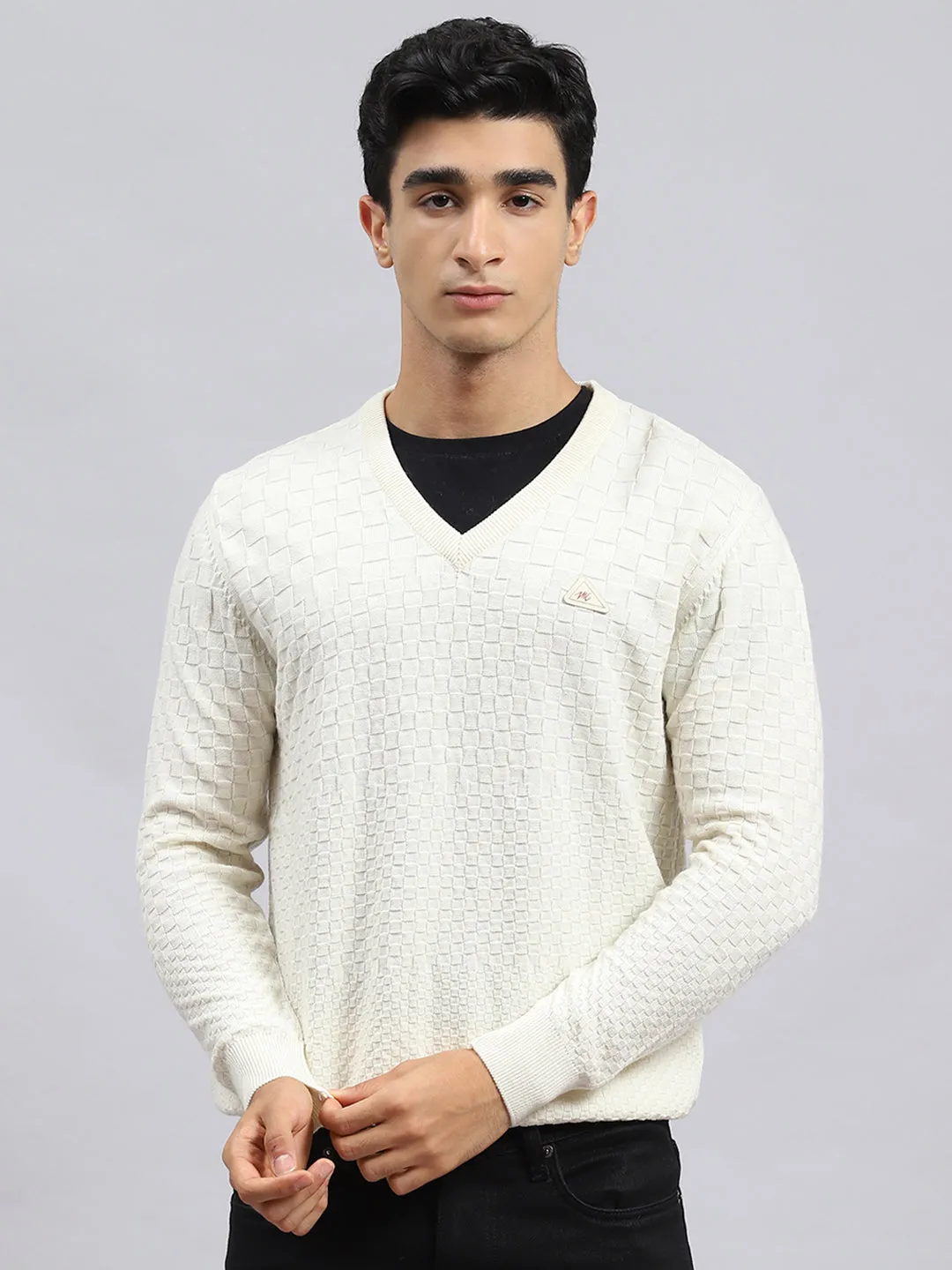 Men Off White Self Pullover