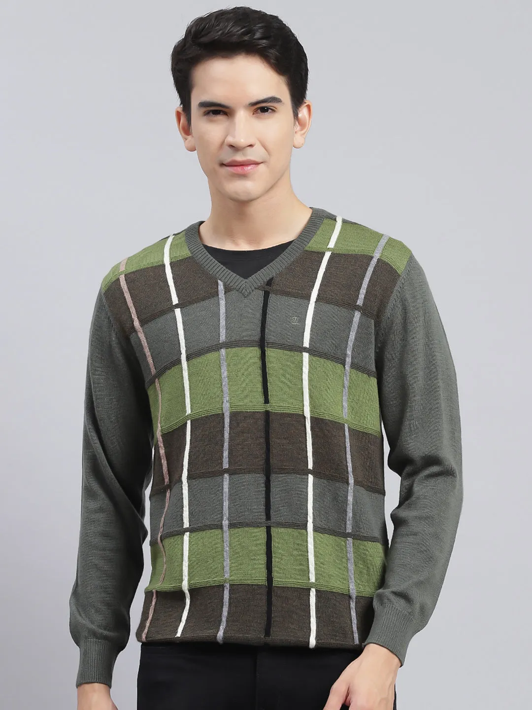 Men Olive Printed Pure wool Pullover