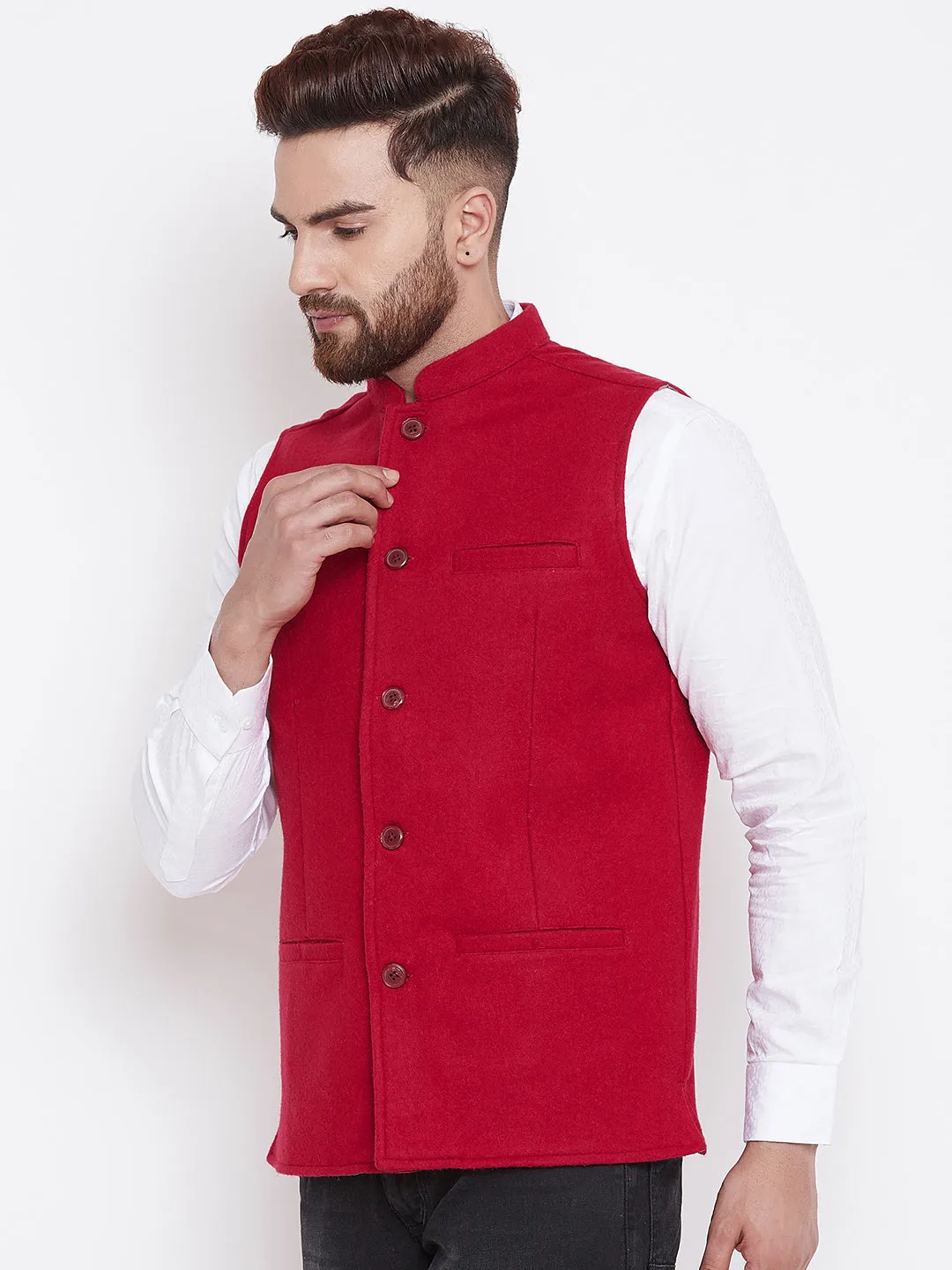 Men's Pure Wool Red Nehru Jacket - Even Apparels
