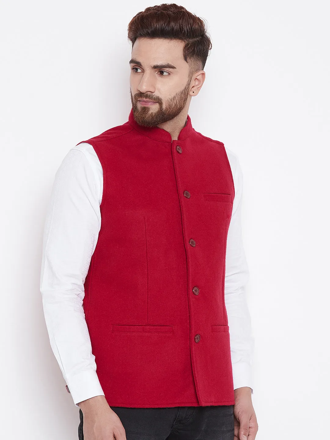 Men's Pure Wool Red Nehru Jacket - Even Apparels