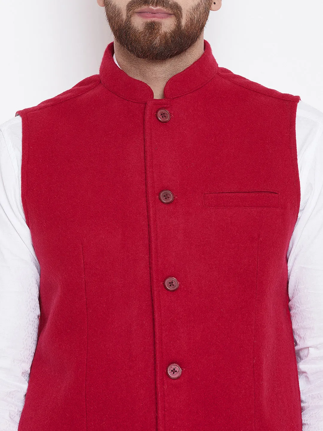 Men's Pure Wool Red Nehru Jacket - Even Apparels