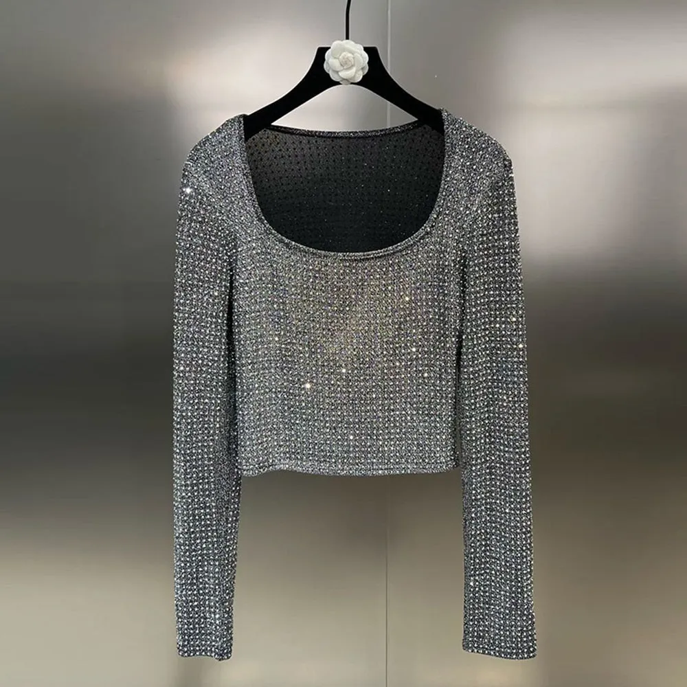 Patchwork Diamonds Slimming T Shirts For Women Square Collar Long Sleeve Temperament Elegant T Shirt Female
