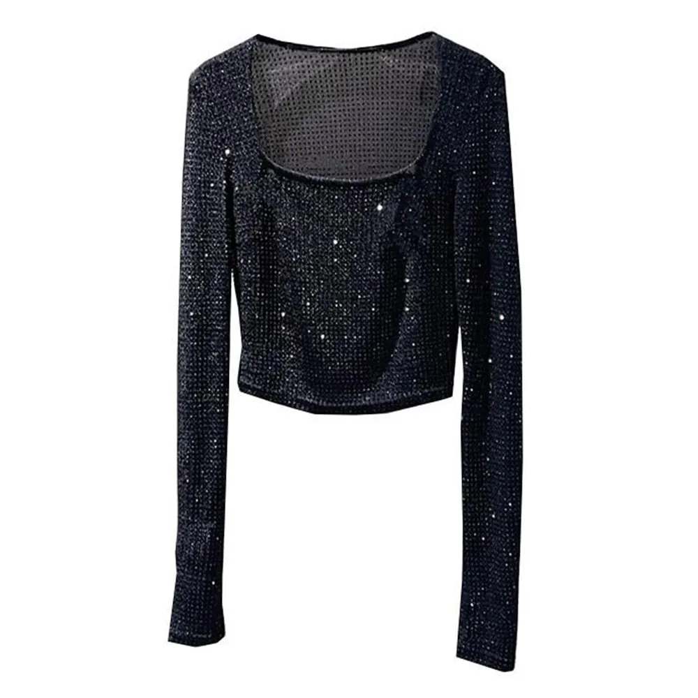 Patchwork Diamonds Slimming T Shirts For Women Square Collar Long Sleeve Temperament Elegant T Shirt Female