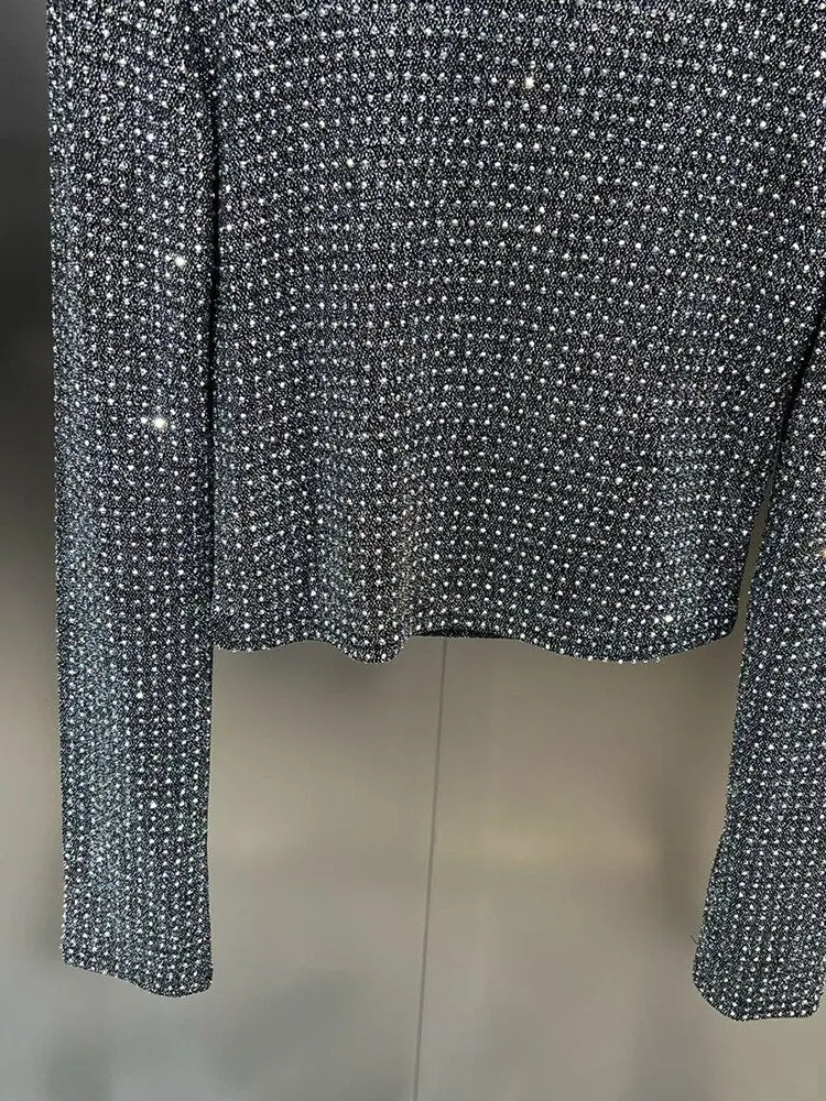 Patchwork Diamonds Slimming T Shirts For Women Square Collar Long Sleeve Temperament Elegant T Shirt Female