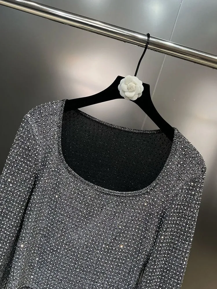 Patchwork Diamonds Slimming T Shirts For Women Square Collar Long Sleeve Temperament Elegant T Shirt Female