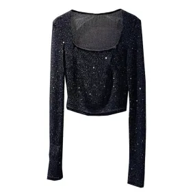 Patchwork Diamonds Slimming T Shirts For Women Square Collar Long Sleeve Temperament Elegant T Shirt Female