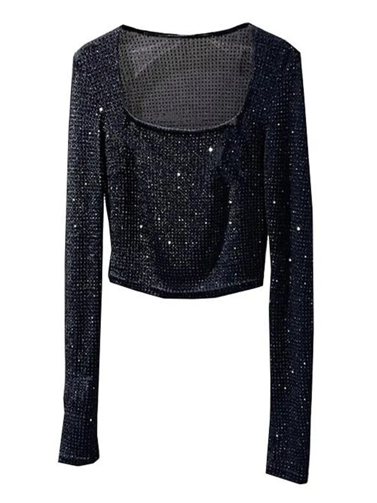 Patchwork Diamonds Slimming T Shirts For Women Square Collar Long Sleeve Temperament Elegant T Shirt Female