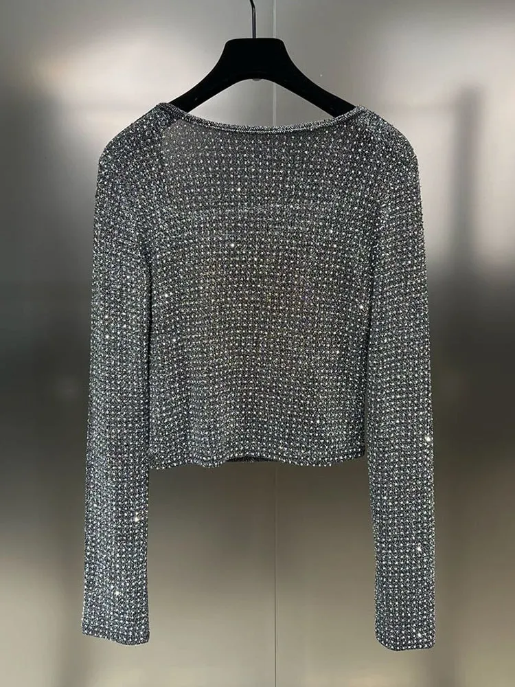 Patchwork Diamonds Slimming T Shirts For Women Square Collar Long Sleeve Temperament Elegant T Shirt Female