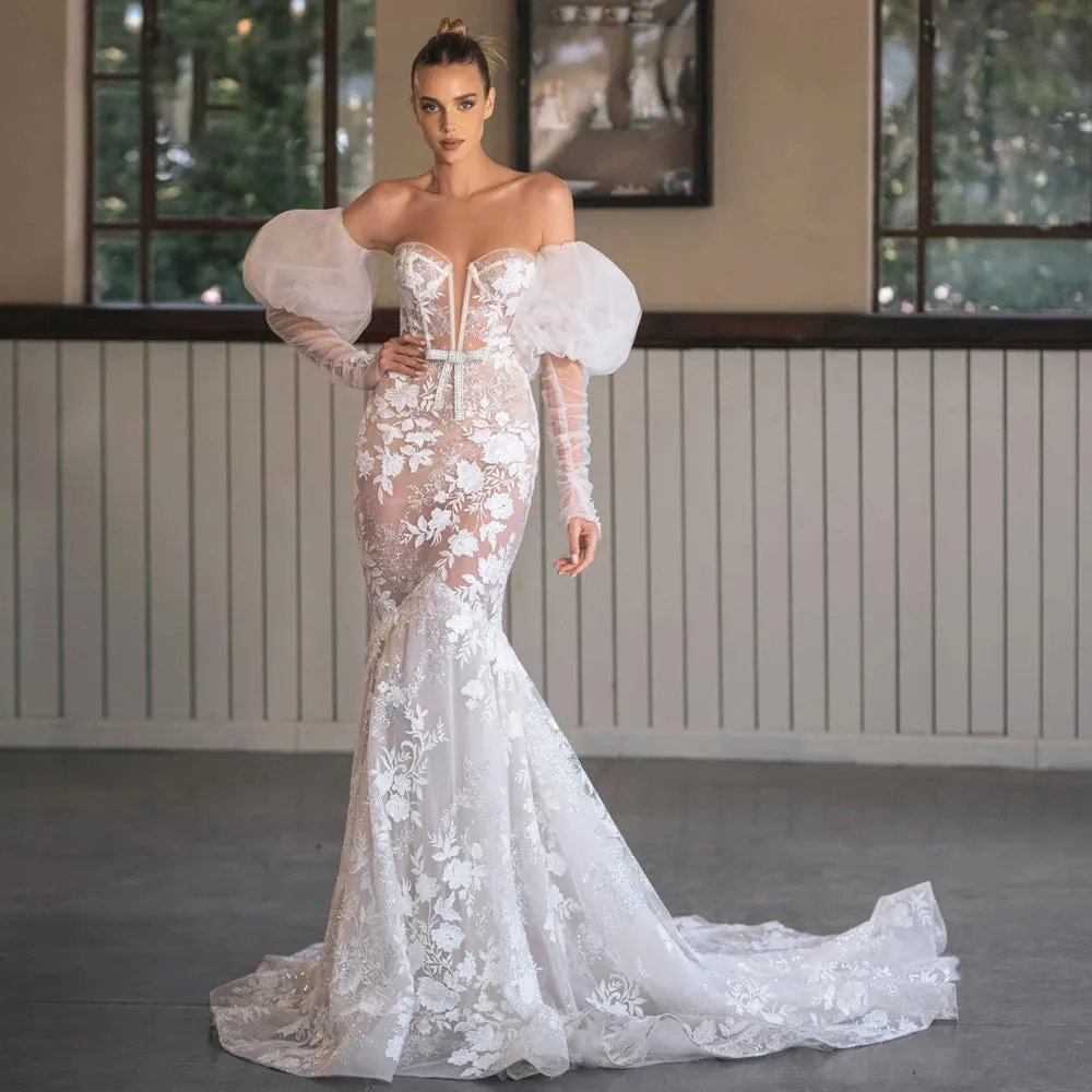 Sexy Illusion Strapless Long Sleeve Lace Mermaid Wedding Dress Court Train Bridal Gown
