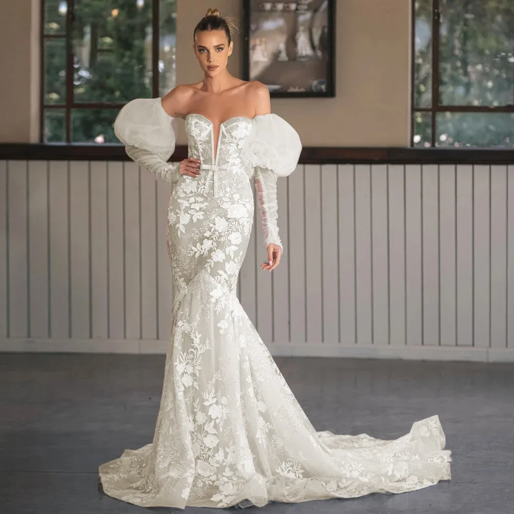 Sexy Illusion Strapless Long Sleeve Lace Mermaid Wedding Dress Court Train Bridal Gown