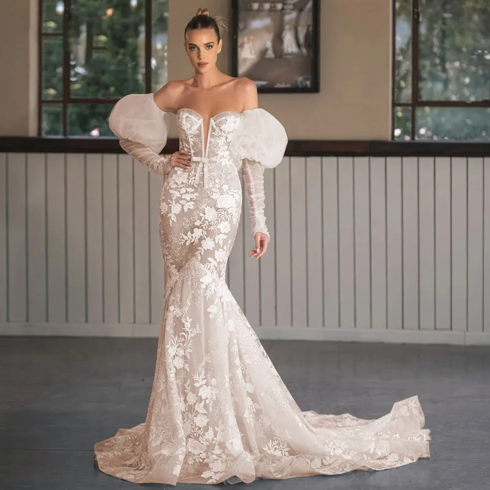 Sexy Illusion Strapless Long Sleeve Lace Mermaid Wedding Dress Court Train Bridal Gown