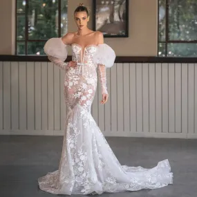 Sexy Illusion Strapless Long Sleeve Lace Mermaid Wedding Dress Court Train Bridal Gown