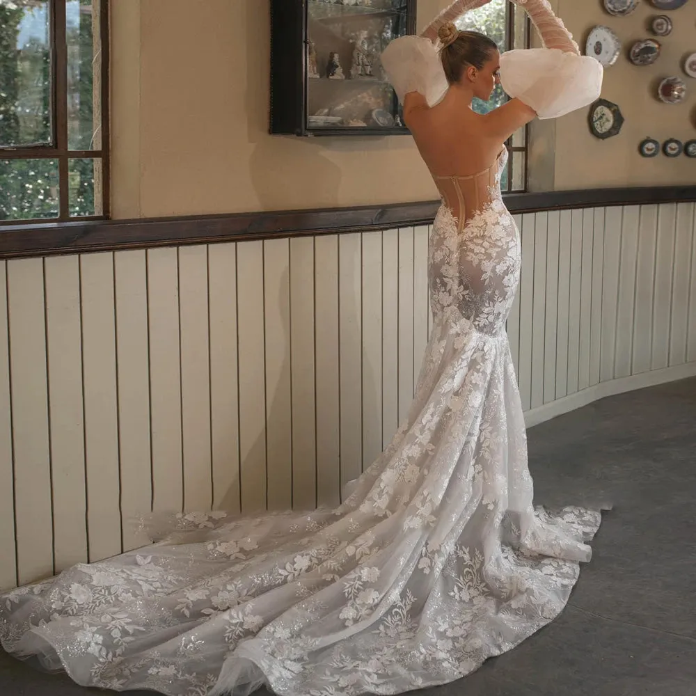 Sexy Illusion Strapless Long Sleeve Lace Mermaid Wedding Dress Court Train Bridal Gown