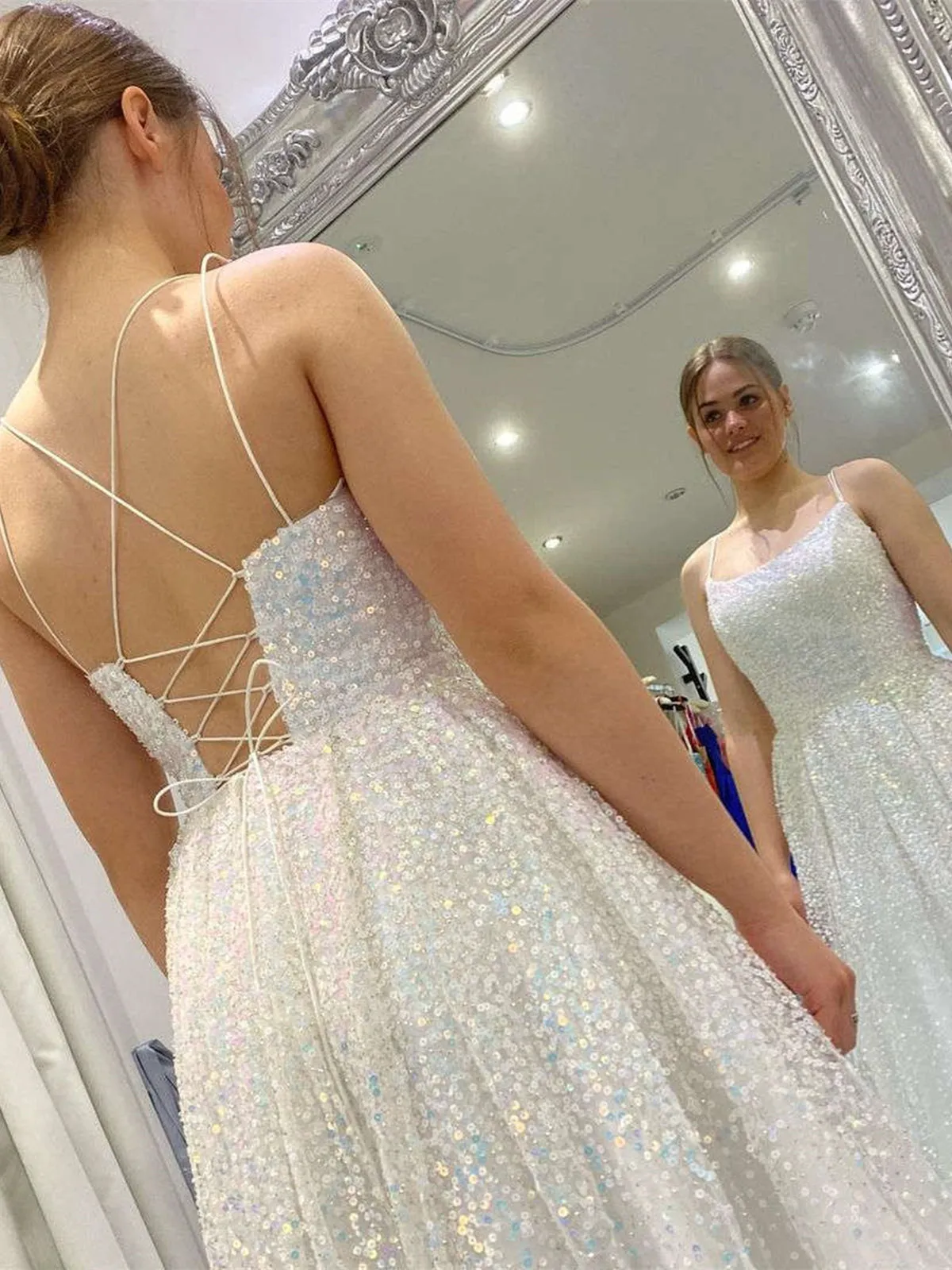 Shiny Sequins Open Back Ivory Long Prom Dresses, Sparkly Ivory Formal Graduation Evening Dresses