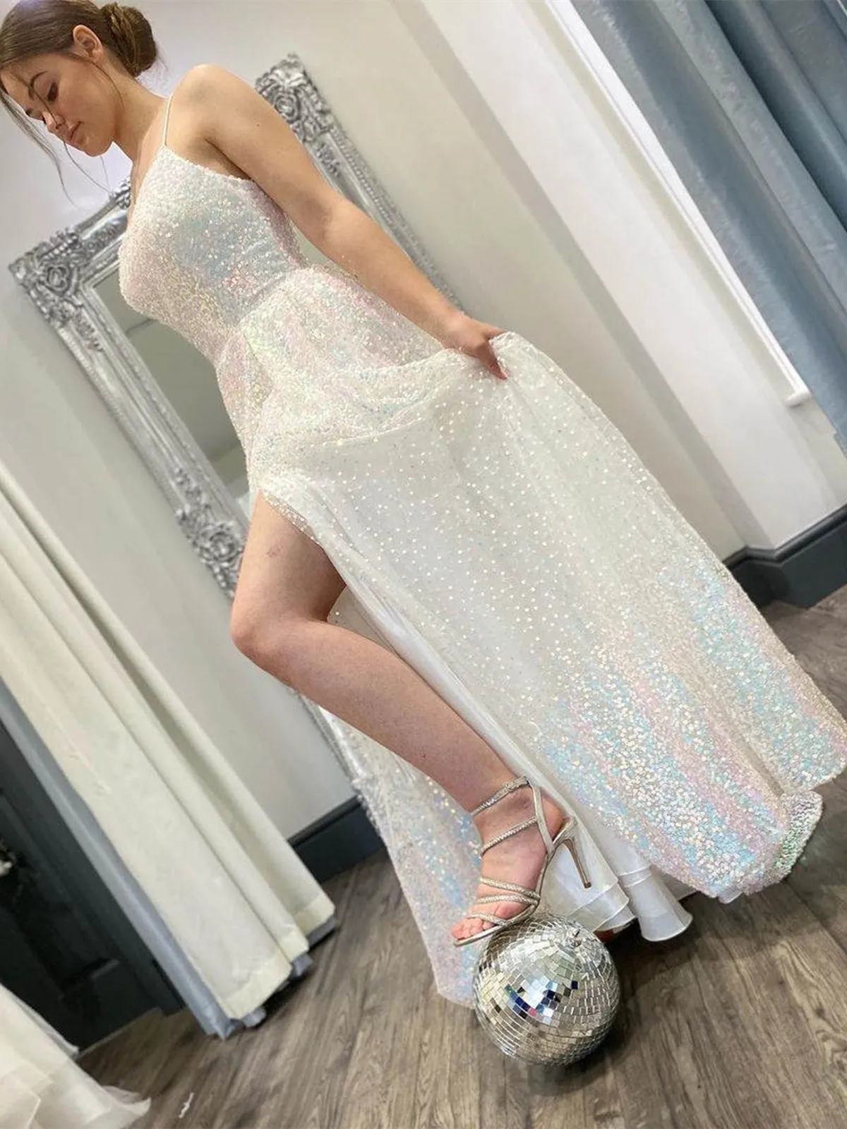 Shiny Sequins Open Back Ivory Long Prom Dresses, Sparkly Ivory Formal Graduation Evening Dresses