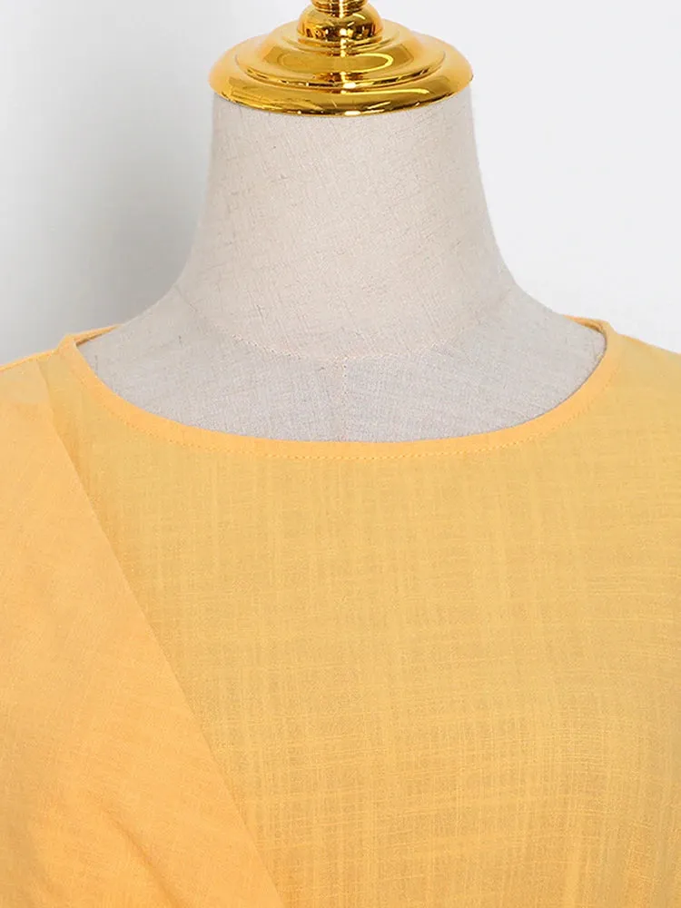 Solid Loose Spliced Folds T Shirt For Women Round Neck Flare Sleeve Patchwork Zipper Elegant T Shirts Female New