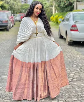 Subtle Elegance: Lighter Color Handwoven Habesha Dress in Menen Fabric